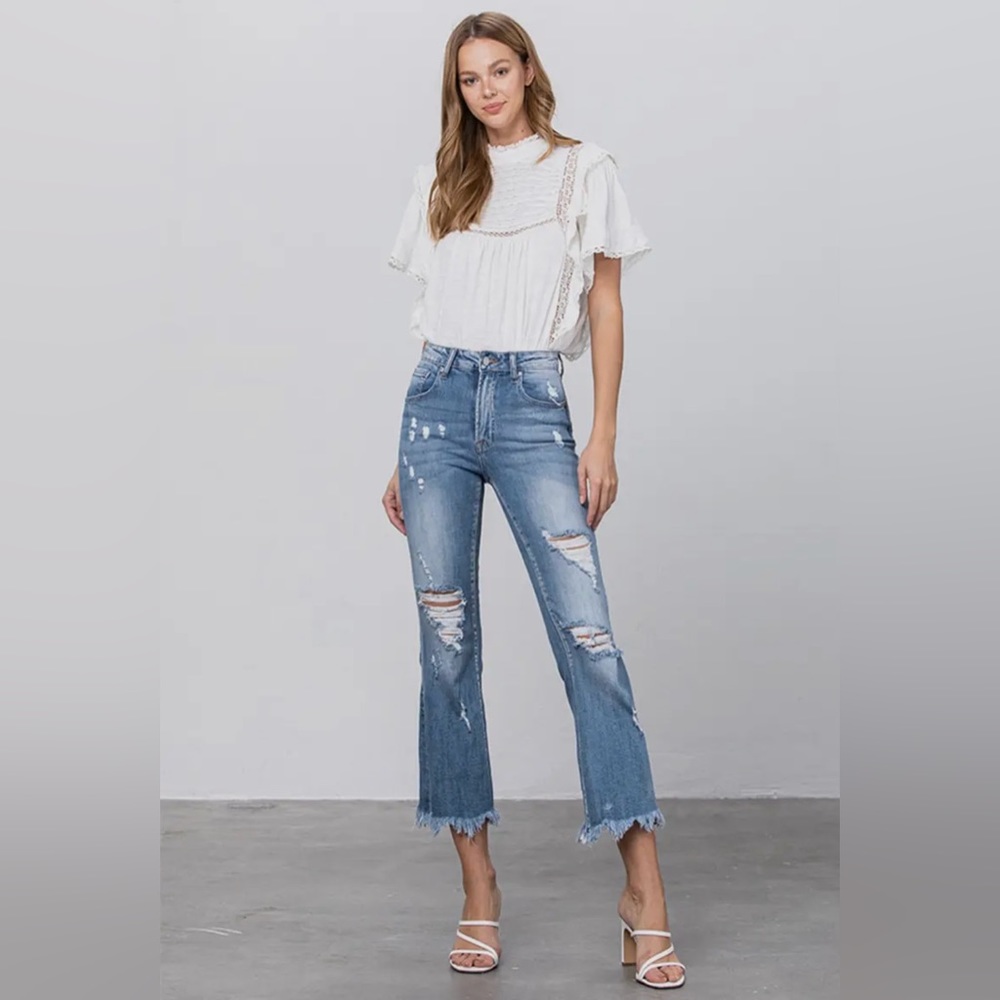 Mid Rise Light Wash Cropped Flare Jeans